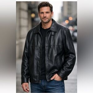 Bruno Magli Black Leather Jacket Mens 42” Made in Italy Lined Pockets Luxury EUC